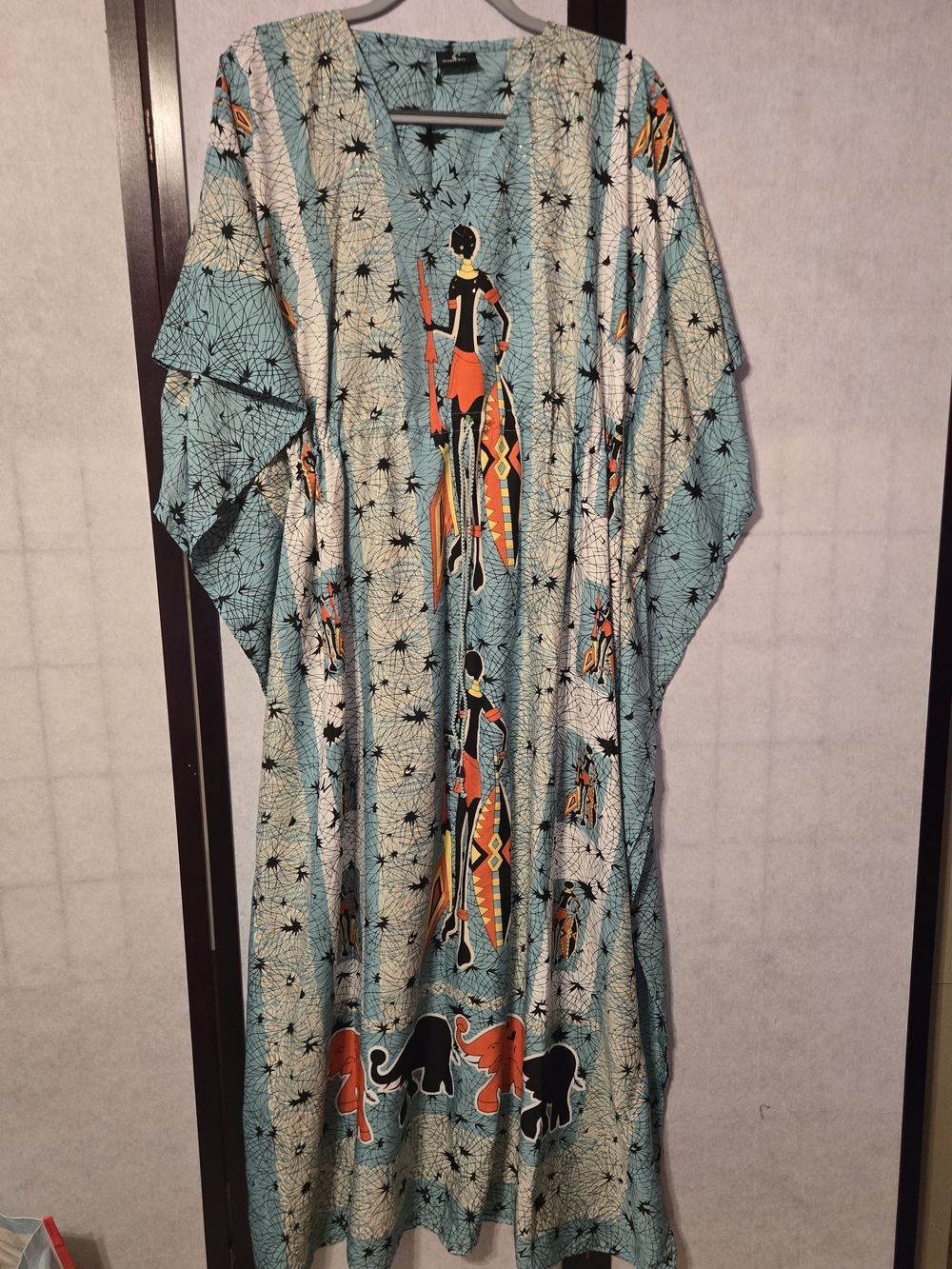 Turquoise African Print Kaftan with Orange & Black Motifs Shore Drive Free Size